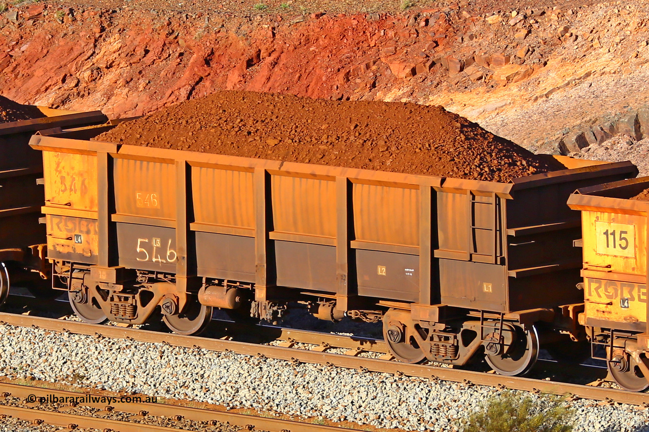 0546 180616 1643
Robe River ore waggon 546, built by Tomlinson Steel WA, fixed coupler non-handbrake side loaded view at the 38.5 km, Harding on the Cape Lambert line, June 16, 2018.
Keywords: 546;Tomlinson-Steel-WA;Robe-ore-waggon;