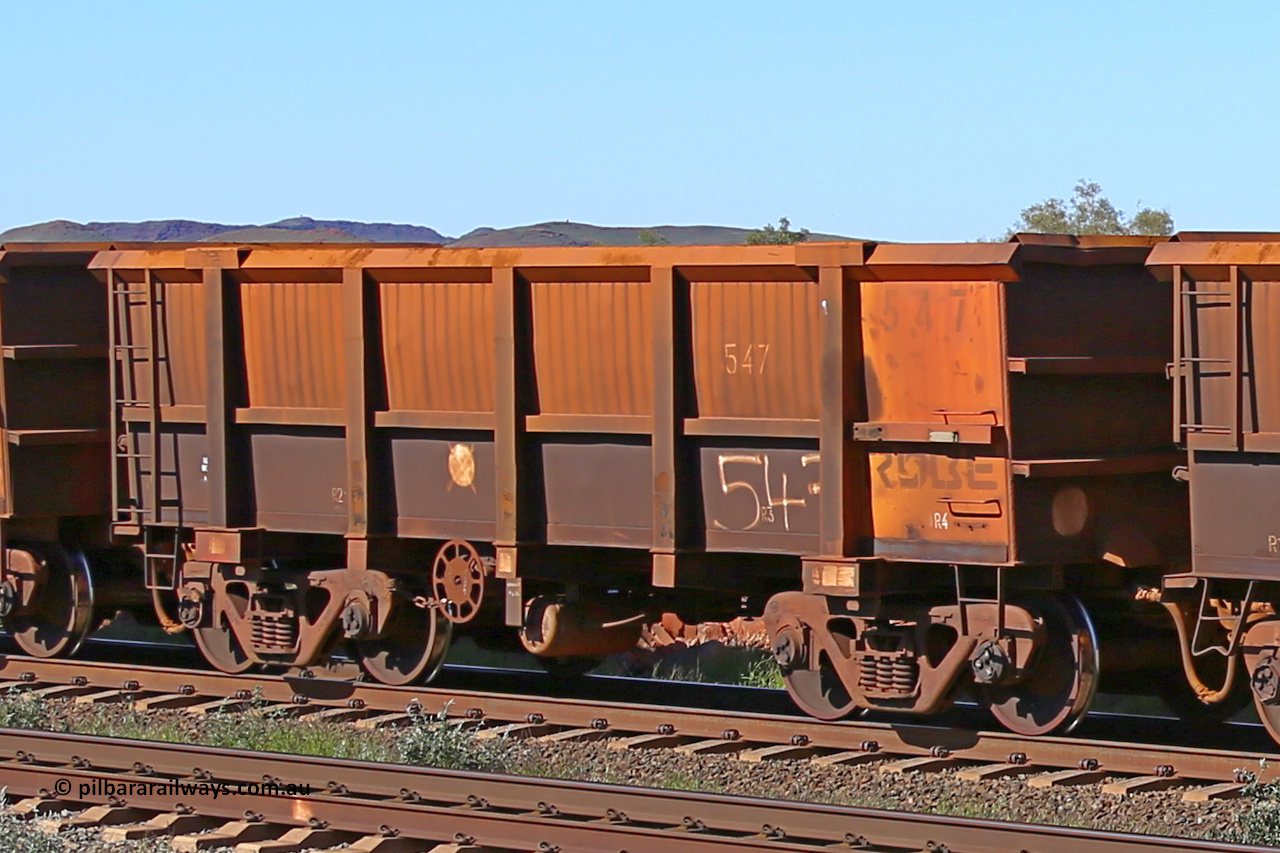 0547 160727 0974
Robe River ore waggon 547, built by Tomlinson Steel WA, rotary coupler end handbrake side empty view at Harding Siding on the Cape Lambert line, July 27, 2016.
Keywords: 547;Tomlinson-Steel-WA;Robe-ore-waggon;