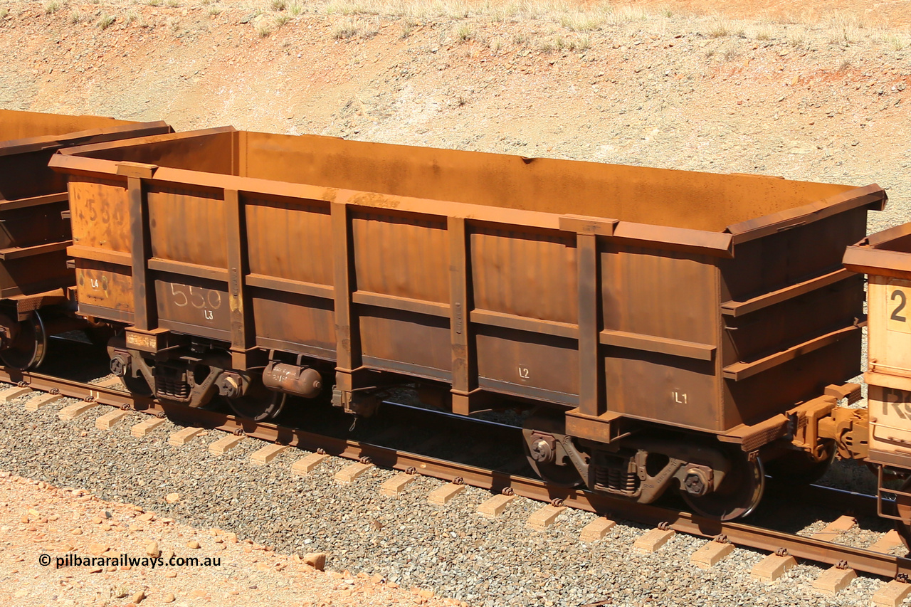 0550 160306 1247
Robe River ore waggon 550, built by Tomlinson Steel WA, fixed coupler non-handbrake side empty view at Greenpool on the Cape Lambert line. March 6, 2016.
Keywords: 550;Tomlinson-Steel-WA;Robe-ore-waggon;