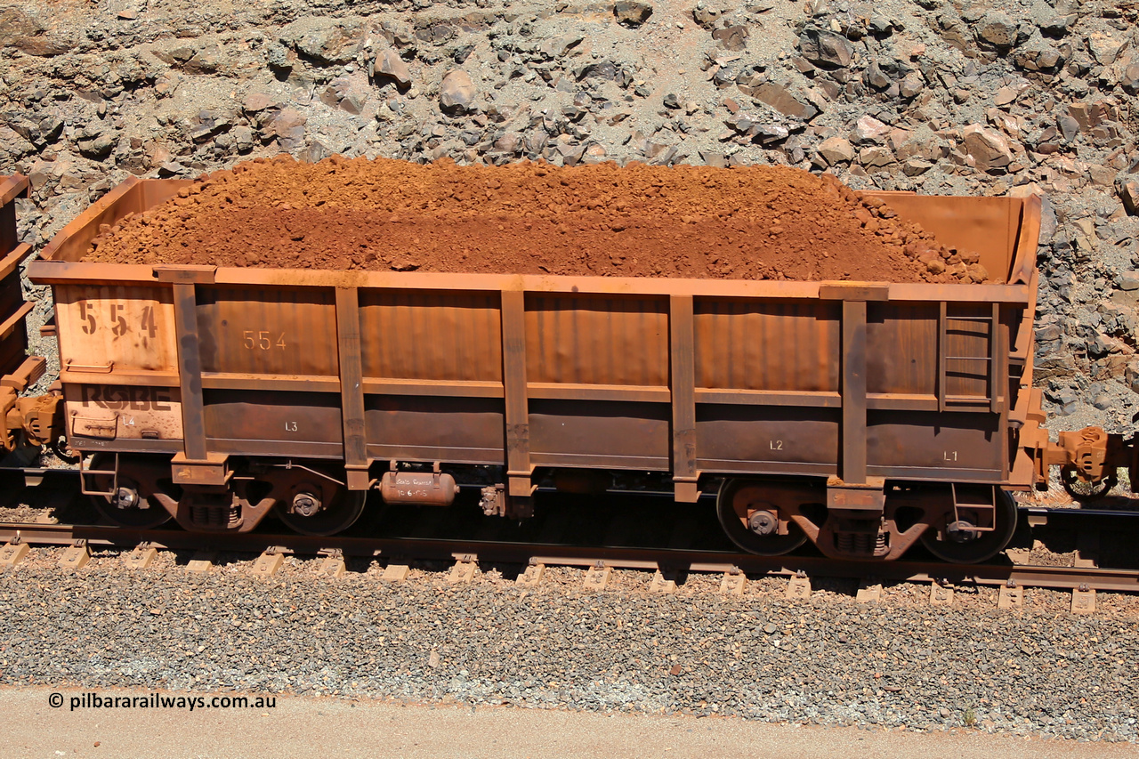 0554 160306 1580
Robe River ore waggon 554, built by Tomlinson Steel WA, fixed coupler non-handbrake side loaded view, at the 45 km, Harding Siding on the Cape Lambert line. March 6, 2016.
Keywords: 554;Tomlinson-Steel-WA;Robe-ore-waggon;