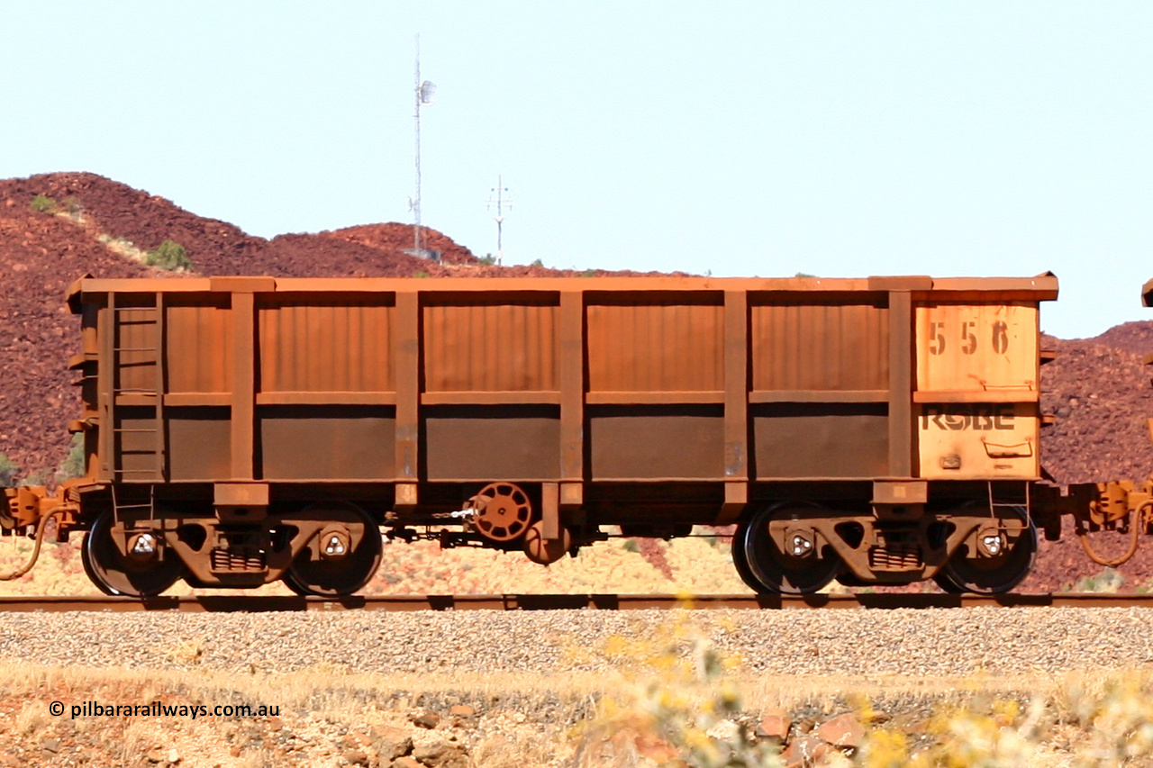 0556 060722 7441
Robe River ore waggon 556, built by Tomlinson Steel WA, handbrake side empty view at the 45.4 km just south of Harding Siding on the Cape Lambert line. July 22, 2006.
Keywords: 556;Tomlinson-Steel-WA;Robe-ore-waggon;