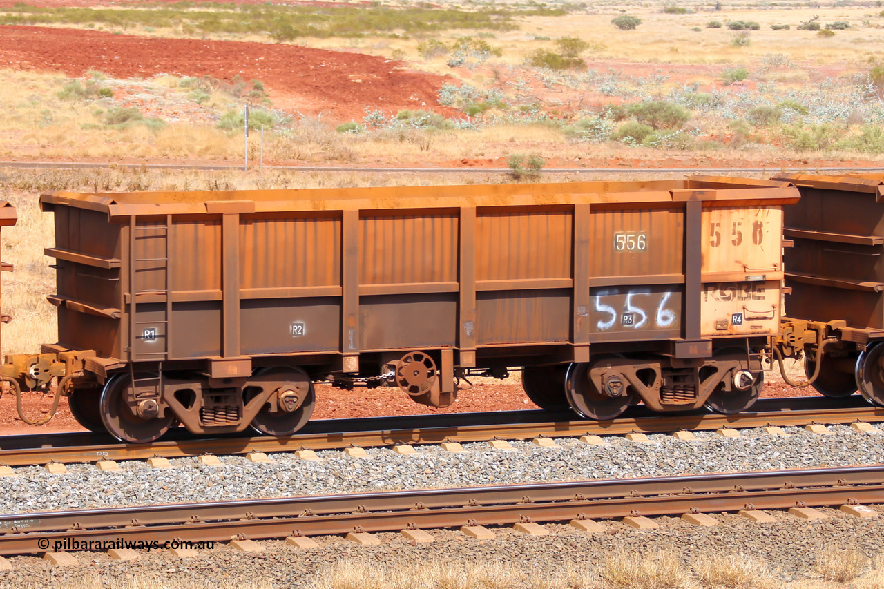 0556 141124 6840
Robe River ore waggon 556, built by Tomlinson Steel WA, fixed coupler handbrake side empty view at the 25 km at Arches Siding on the Cape Lambert line. November 24, 2014.
Keywords: 556;Tomlinson-Steel-WA;Robe-ore-waggon;