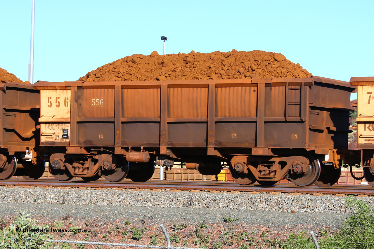 0556 210322 9393
Robe River ore waggon 556, built by Tomlinson Steel WA, fixed coupler non-handbrake side loaded view at Cape Lambert yard, March 22, 2021.
Keywords: 556;Tomlinson-Steel-WA;Robe-ore-waggon;