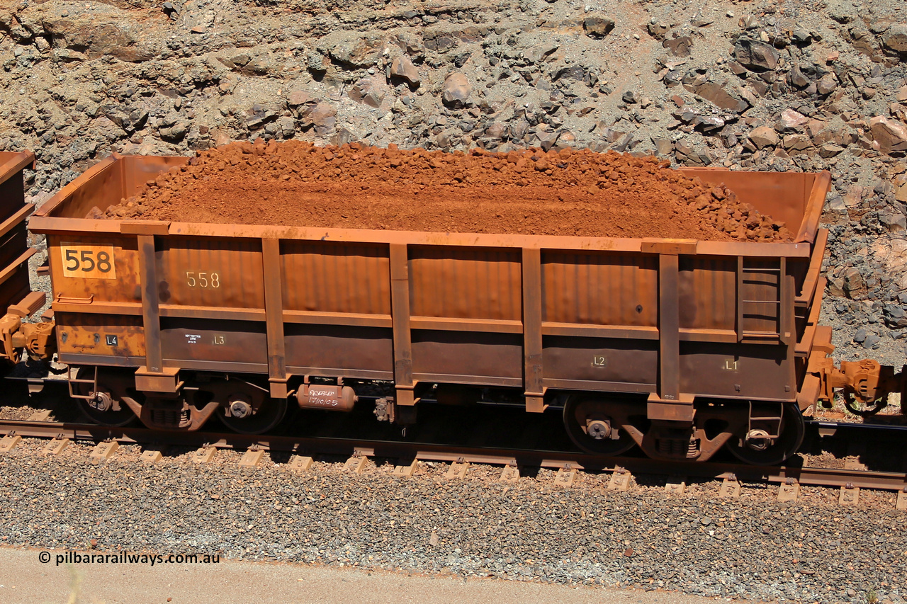 0558 160306 1620
Robe River ore waggon 558, built by Tomlinson Steel WA, fixed coupler non-handbrake side loaded view, at the 45 km, Harding Siding on the Cape Lambert line. March 6, 2016.
Keywords: 558;Tomlinson-Steel-WA;Robe-ore-waggon;