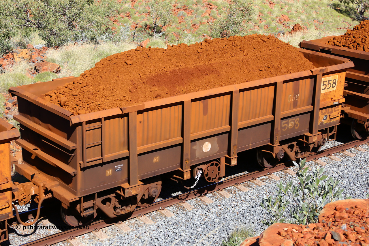 0558 180616 1851
Robe River ore waggon 558, built by Tomlinson Steel WA, fixed coupler handbrake side loaded view at Maitland Siding on the Deepdale line, June 16, 2018.
Keywords: 558;Tomlinson-Steel-WA;Robe-ore-waggon;