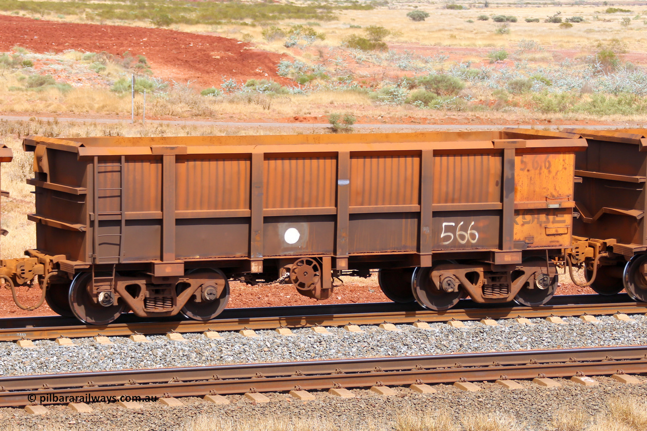 0566 141124 6808
Robe River ore waggon 566, built by Tomlinson Steel WA, fixed coupler handbrake side empty view at the 25 km at Arches Siding on the Cape Lambert line. November 24, 2014.
Keywords: 566;Tomlinson-Steel-WA;Robe-ore-waggon;
