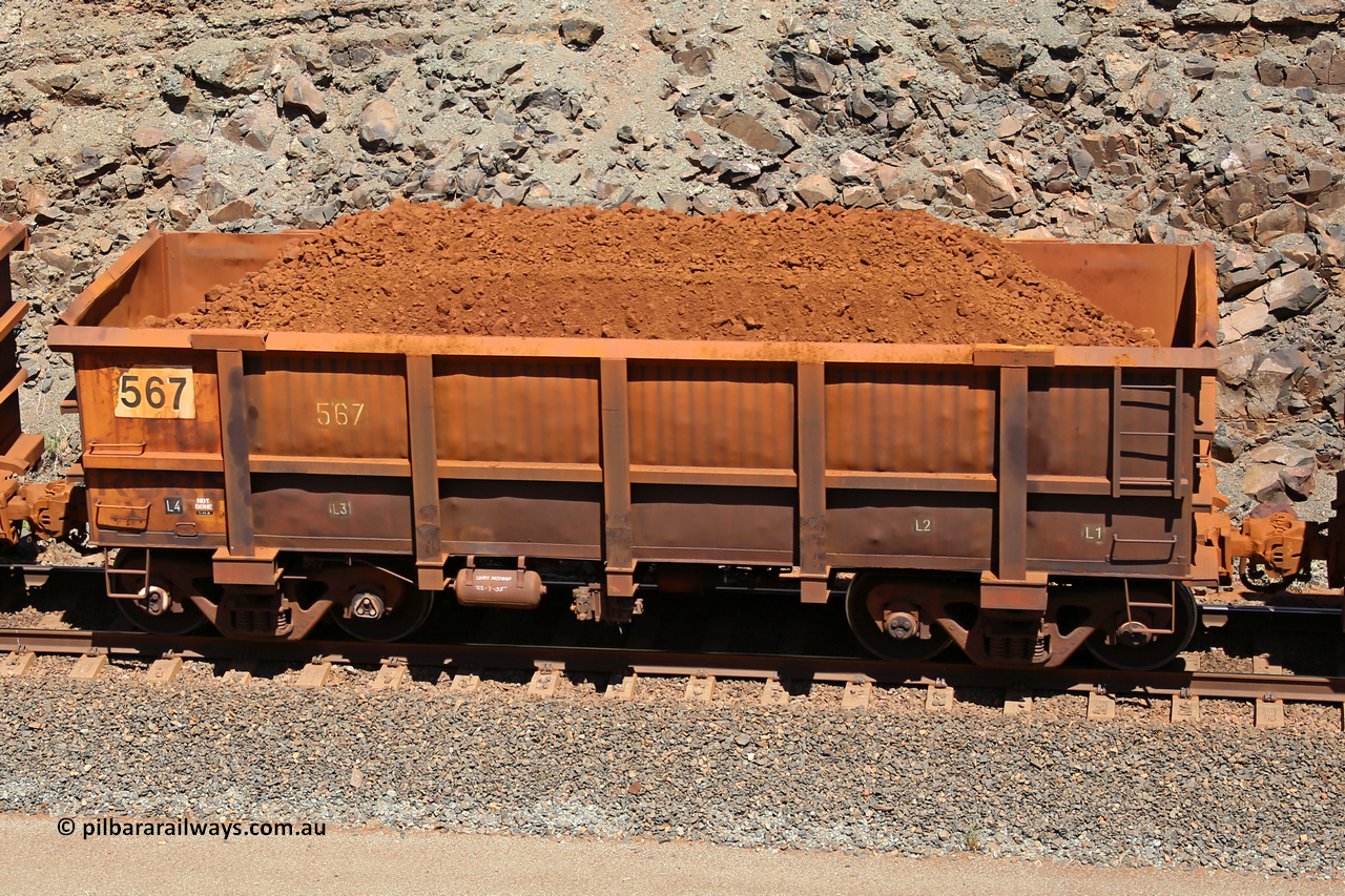 0567 160306 1566
Robe River ore waggon 567, built by Tomlinson Steel WA, fixed coupler non-handbrake side loaded view, at the 45 km, Harding Siding on the Cape Lambert line. March 6, 2016.
Keywords: 567;Tomlinson-Steel-WA;Robe-ore-waggon;