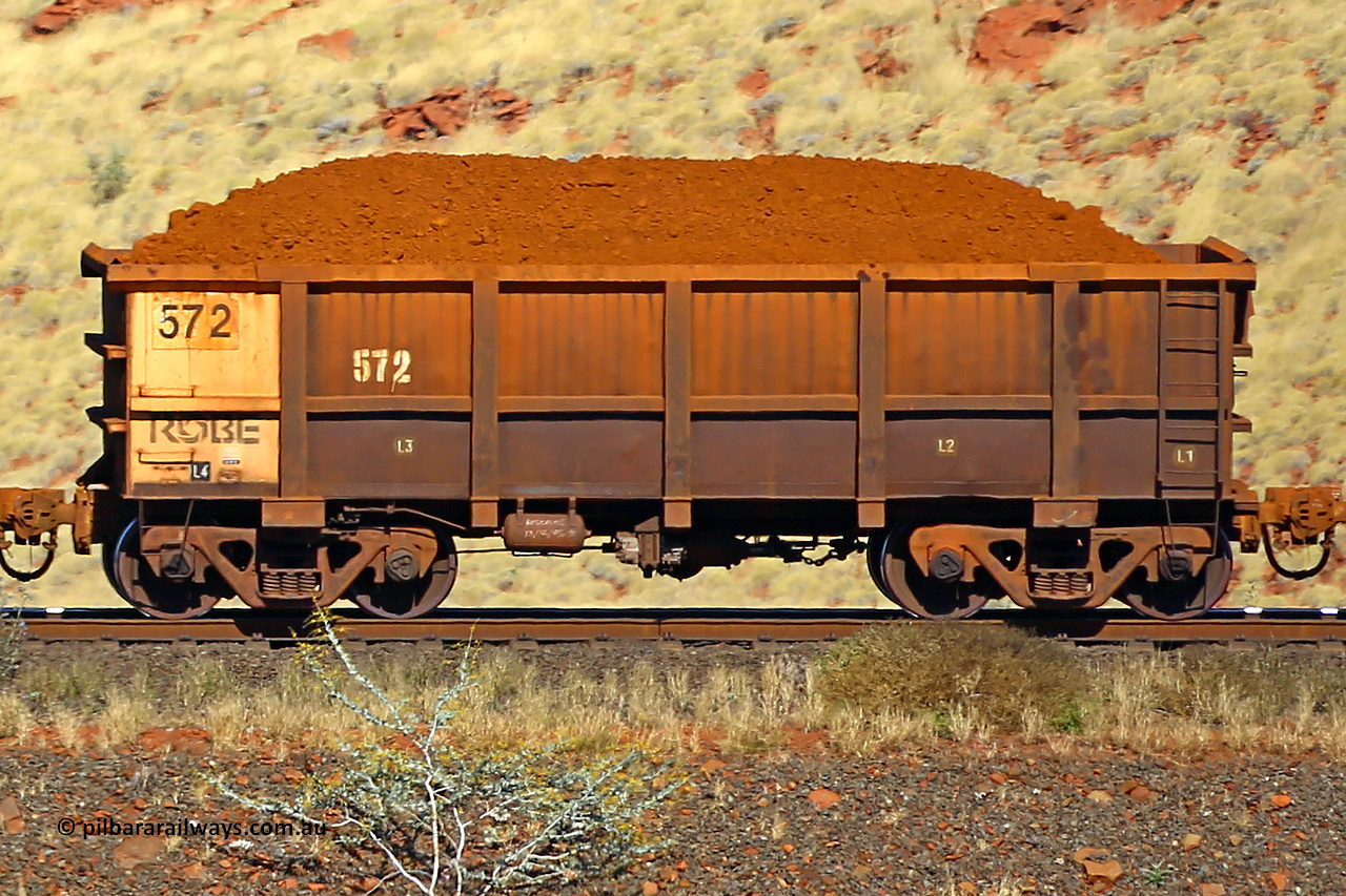 0572 170728 09940
Robe River ore waggon 572, built by Tomlinson Steel WA, non-handbrake side loaded view at the 72 km, Western Creek on the Deepdale line. July 28, 2017.
Keywords: 572;Tomlinson-Steel-WA;Robe-ore-waggon;