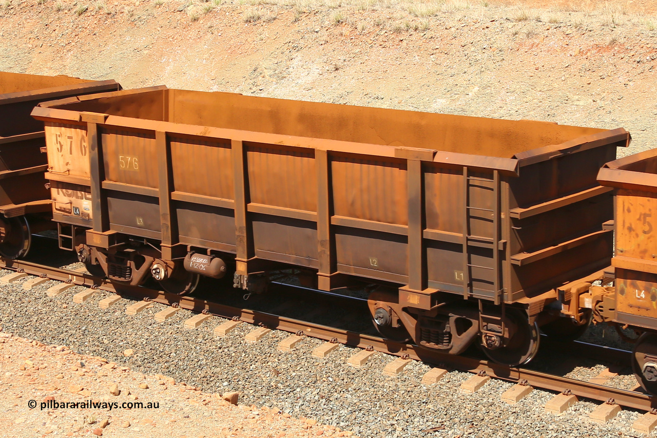 0576 160306 1246
Robe River ore waggon 576, built by Tomlinson Steel WA, fixed coupler non-handbrake side empty view at Greenpool on the Cape Lambert line. March 6, 2016.
Keywords: 576;Tomlinson-Steel-WA;Robe-ore-waggon;