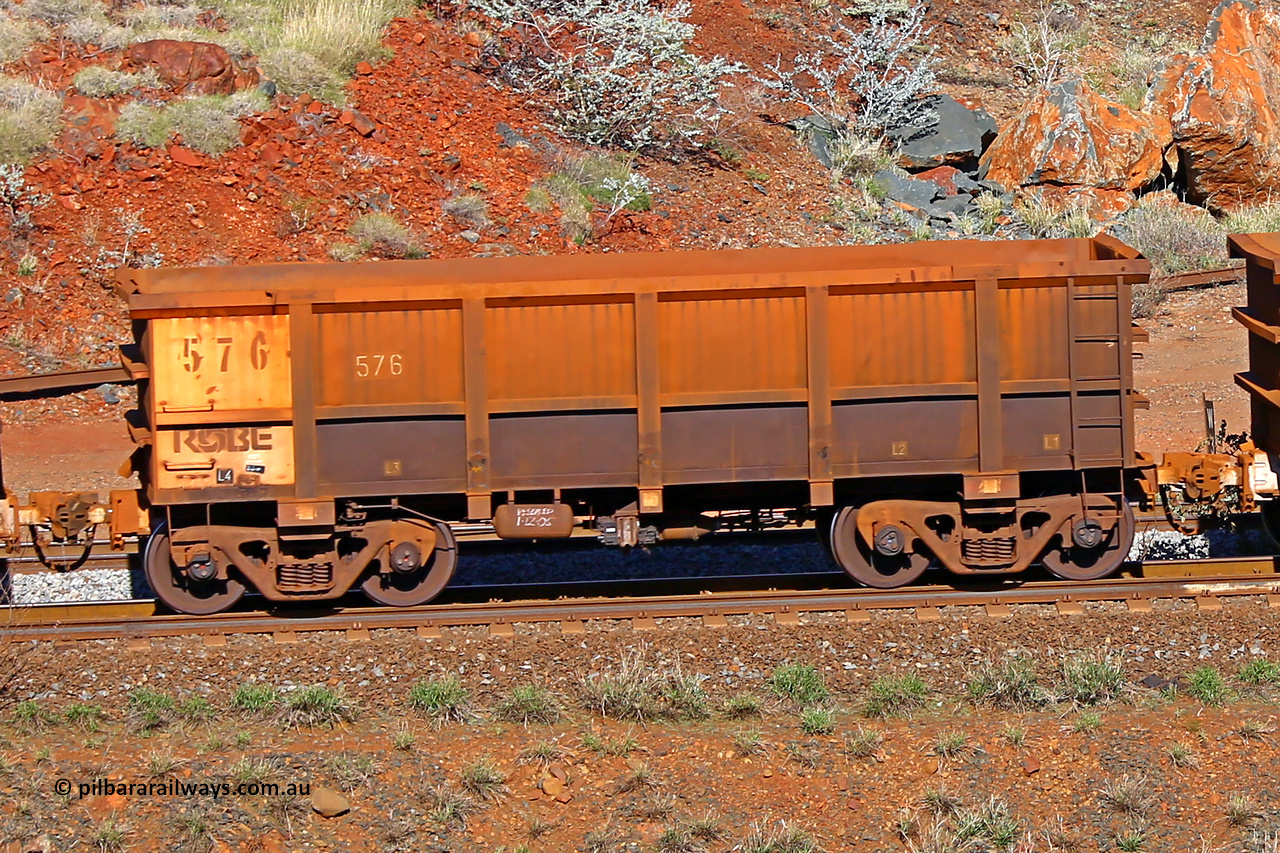 0576 180616 1742
Robe River ore waggon 576, built by Tomlinson Steel WA, rotary coupler end non-handbrake side empty view at the 38 km, Harding on the Cape Lambert line, June 16, 2018.
Keywords: 576;Tomlinson-Steel-WA;Robe-ore-waggon;