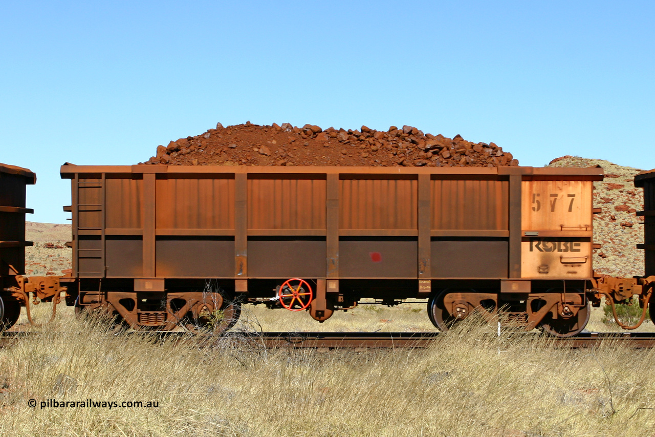 0577 060722 7501
Robe River ore waggon 577, built by Tomlinson Steel WA, handbrake side loaded view at the 78.8 km between Western Creek and Maitland on the Deepdale line. July 22, 2006.
Keywords: 577;Tomlinson-Steel-WA;Robe-ore-waggon;