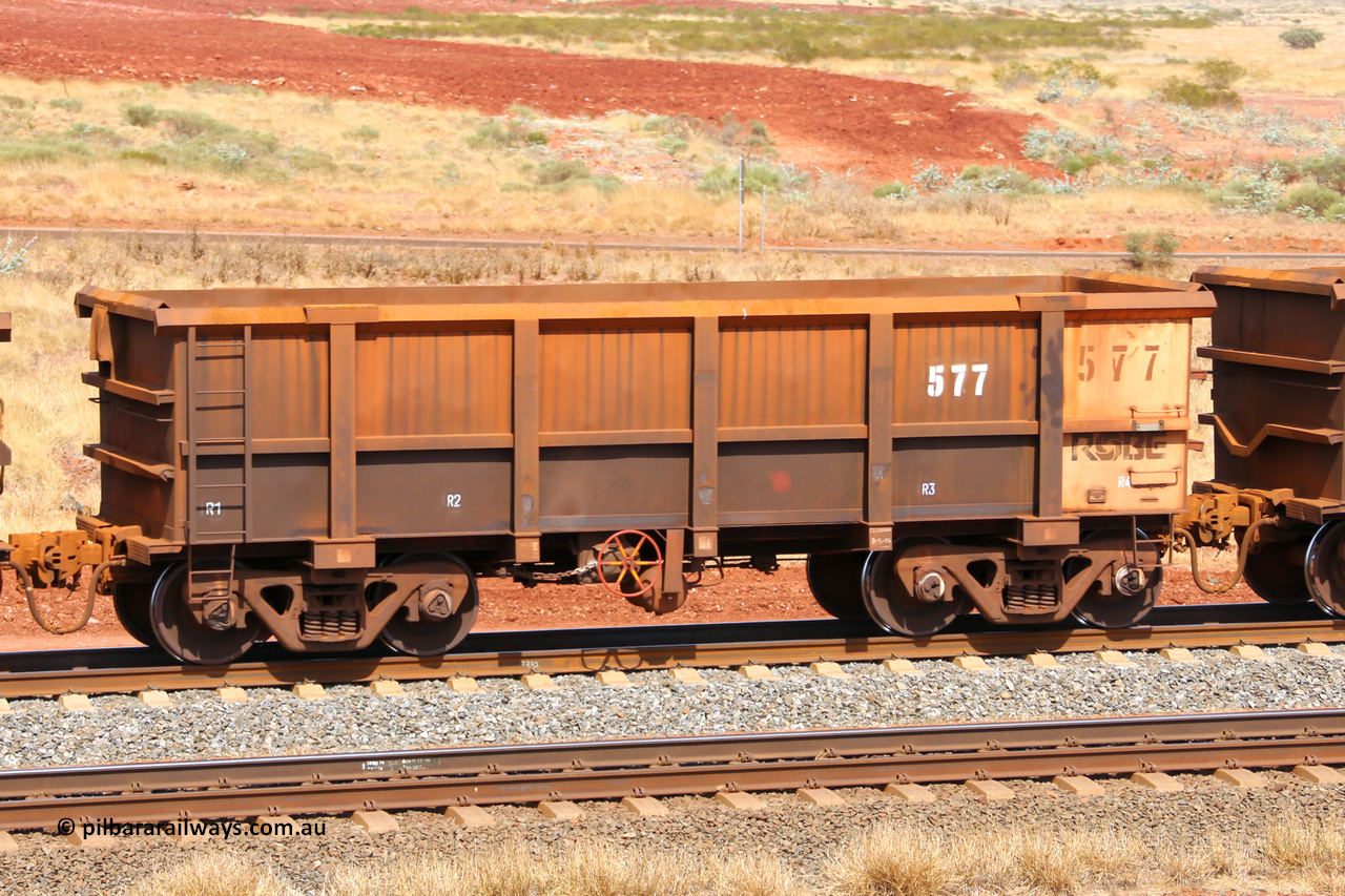 0577 141124 6859
Robe River ore waggon 577, built by Tomlinson Steel WA, fixed coupler handbrake side empty view at the 25 km at Arches Siding on the Cape Lambert line. November 24, 2014.
Keywords: 577;Tomlinson-Steel-WA;Robe-ore-waggon;
