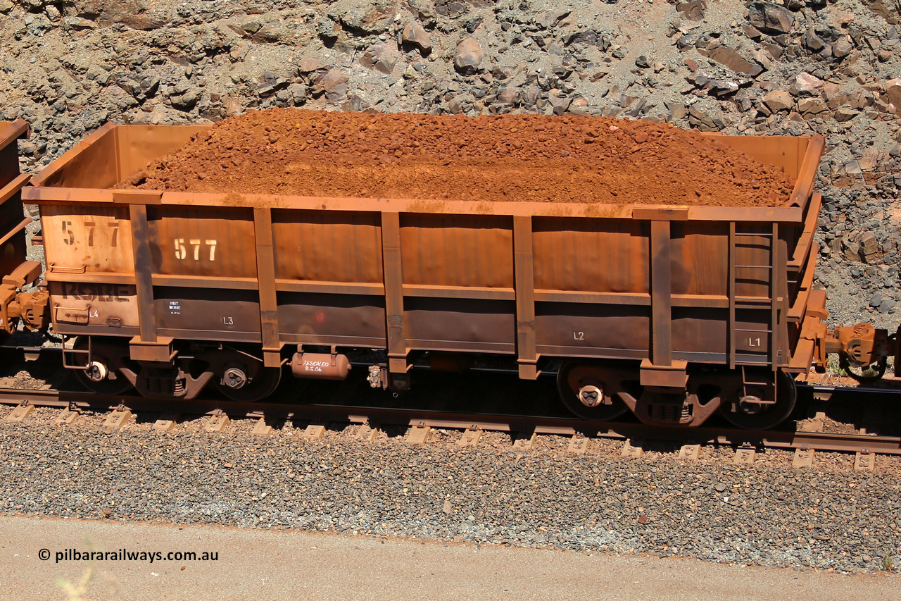 0577 160306 1648
Robe River ore waggon 577, built by Tomlinson Steel WA, fixed coupler non-handbrake side loaded view, at the 45 km, Harding Siding on the Cape Lambert line. March 6, 2016.
Keywords: 577;Tomlinson-Steel-WA;Robe-ore-waggon;