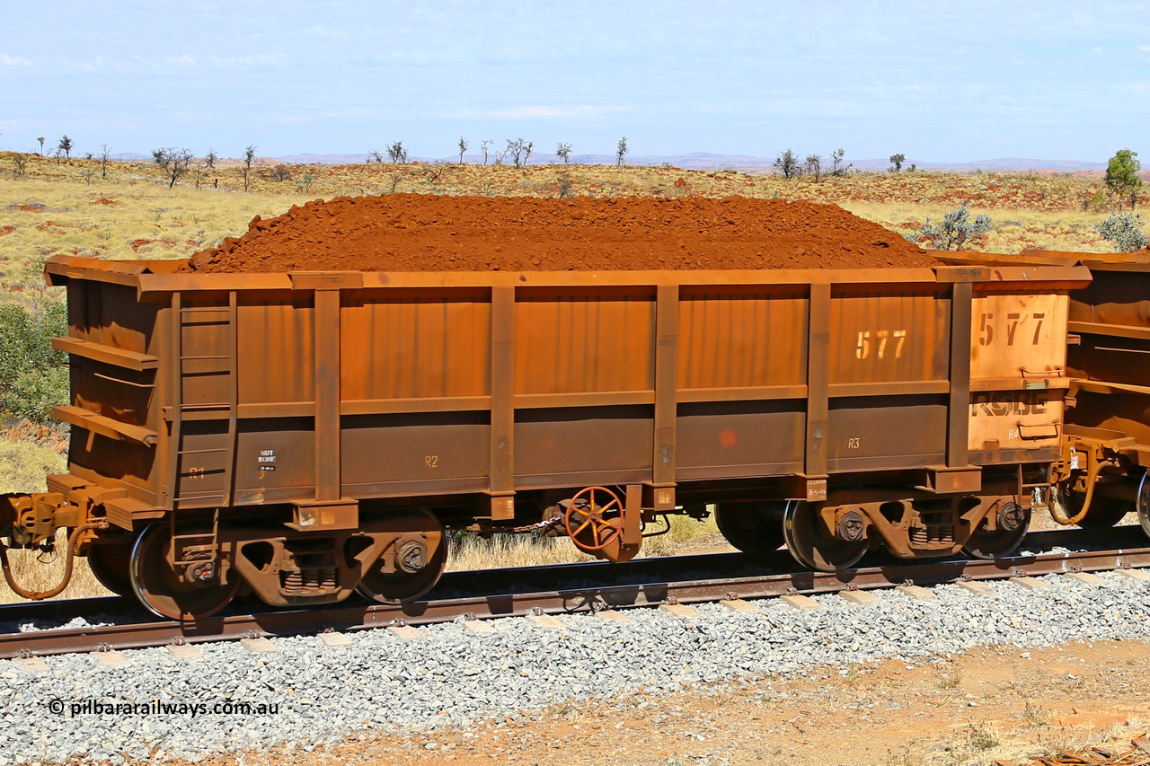 0577 170729 0245
Robe River ore waggon 577, built by Tomlinson Steel WA, fixed coupler handbrake side loaded view at the 103 km, between Maitland Siding and the Fortescue River on the Deepdale line. July 29, 2017.
Keywords: 577;Tomlinson-Steel-WA;Robe-ore-waggon;