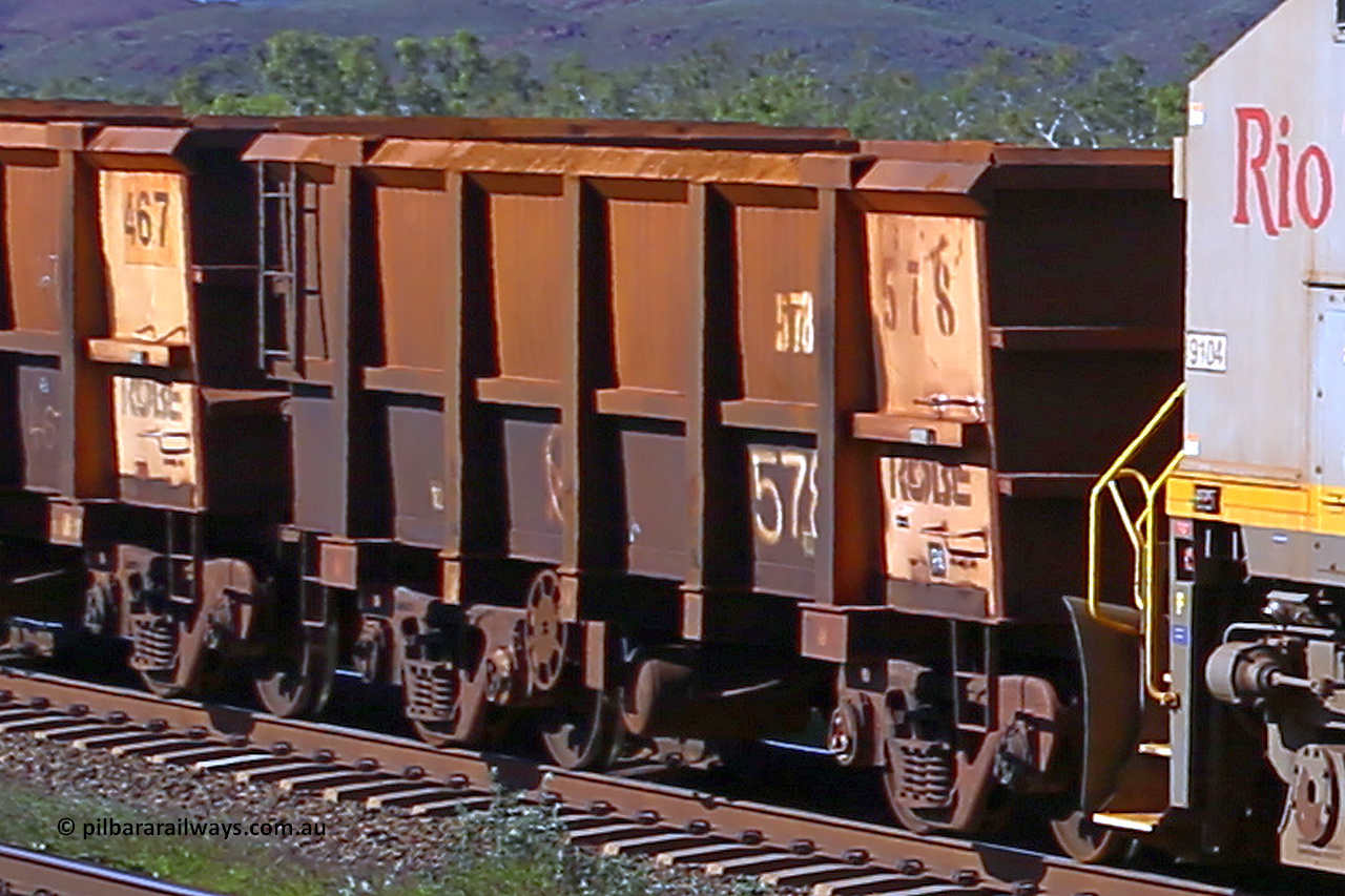 0578 160727 0948
Robe River ore waggon 578, built by Tomlinson Steel WA, rotary coupler end handbrake side empty view at Harding Siding on the Cape Lambert line, July 27, 2016.
Keywords: 578;Tomlinson-Steel-WA;Robe-ore-waggon;