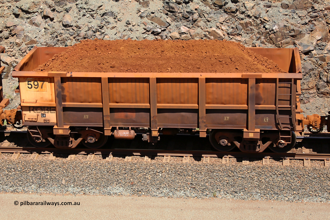 0597 160306 1551
Robe River ore waggon 597, built by Tomlinson Steel WA, fixed coupler non-handbrake side loaded view, at the 45 km, Harding Siding on the Cape Lambert line. March 6, 2016.
Keywords: 597;Tomlinson-Steel-WA;Robe-ore-waggon;