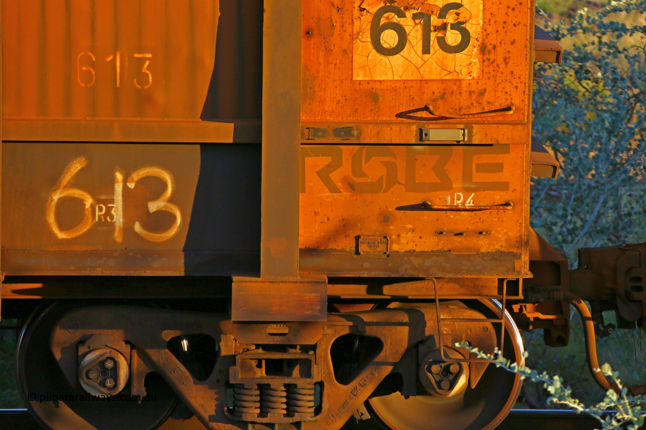 0613 170513 8663
Robe River ore waggon 613, built by Tomlinson Steel WA, rotary coupler end and plate view, Cape Lambert yard, May 13, 2017.
Keywords: 613;Tomlinson-Steel-WA;Robe-ore-waggon;