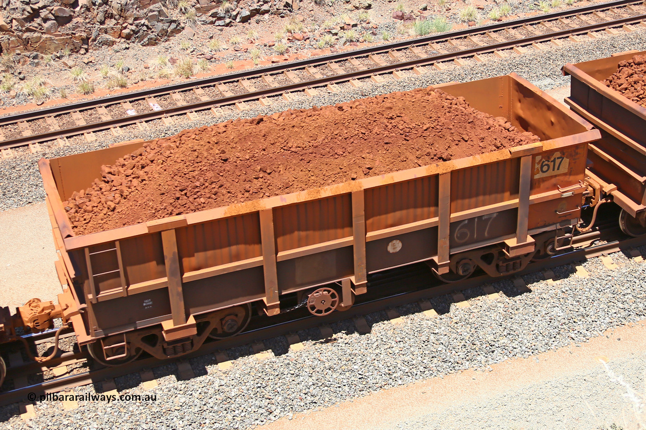 0617 160306 1480
Robe River ore waggon 617, built by Tomlinson Steel WA, fixed coupler handbrake side loaded view, at the 45 km, Harding Siding on the Cape Lambert line. March 6, 2016.
Keywords: 617;Tomlinson-Steel-WA;Robe-ore-waggon;