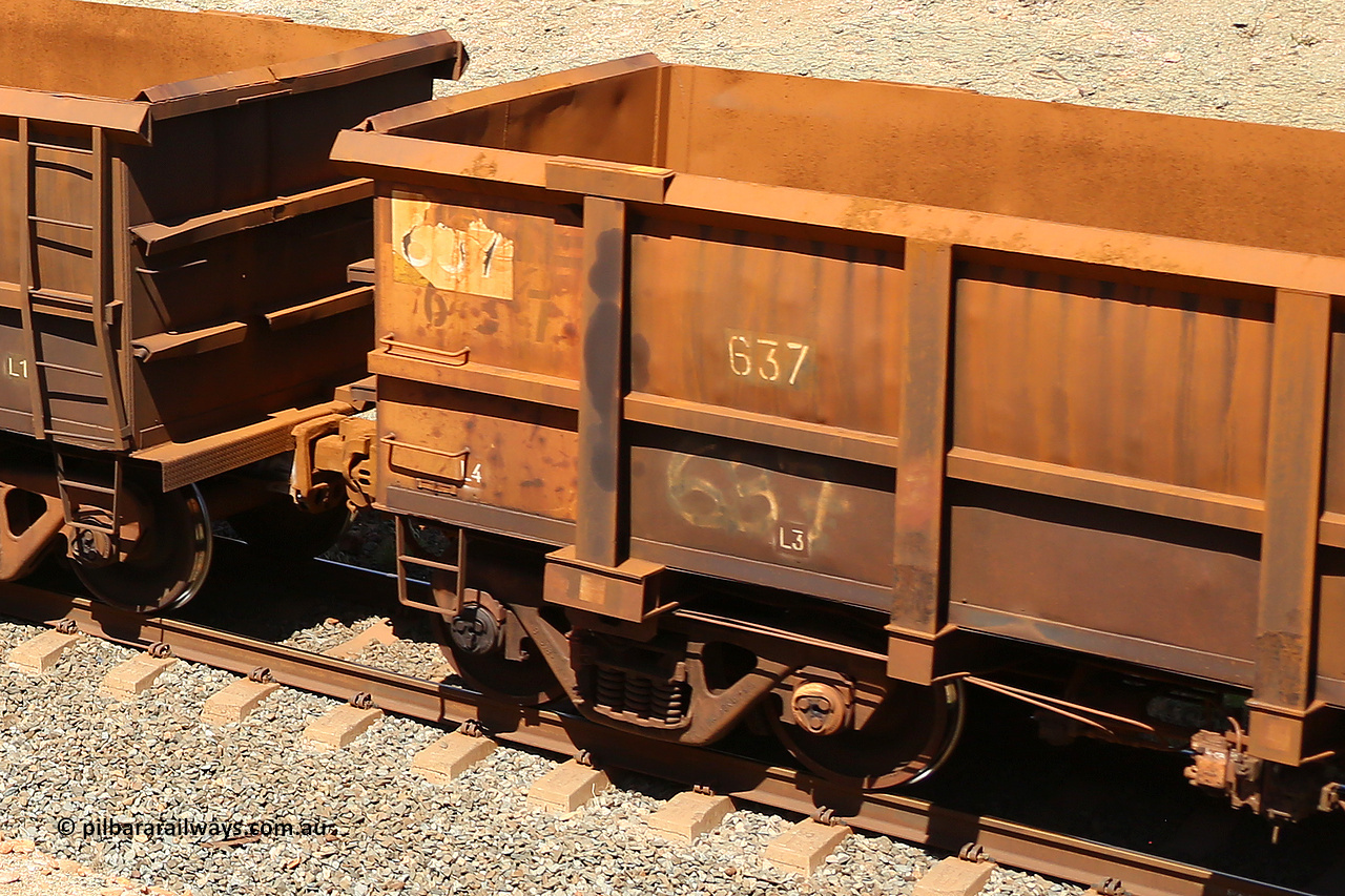 0637 160306 1327
Robe River ore waggon 637, built by Tomlinson Steel WA, rotary coupler end panel and plate, empty view at Greenpool on the Cape Lambert line. March 6, 2016.
Keywords: 637;Tomlinson-Steel-WA;Robe-ore-waggon;