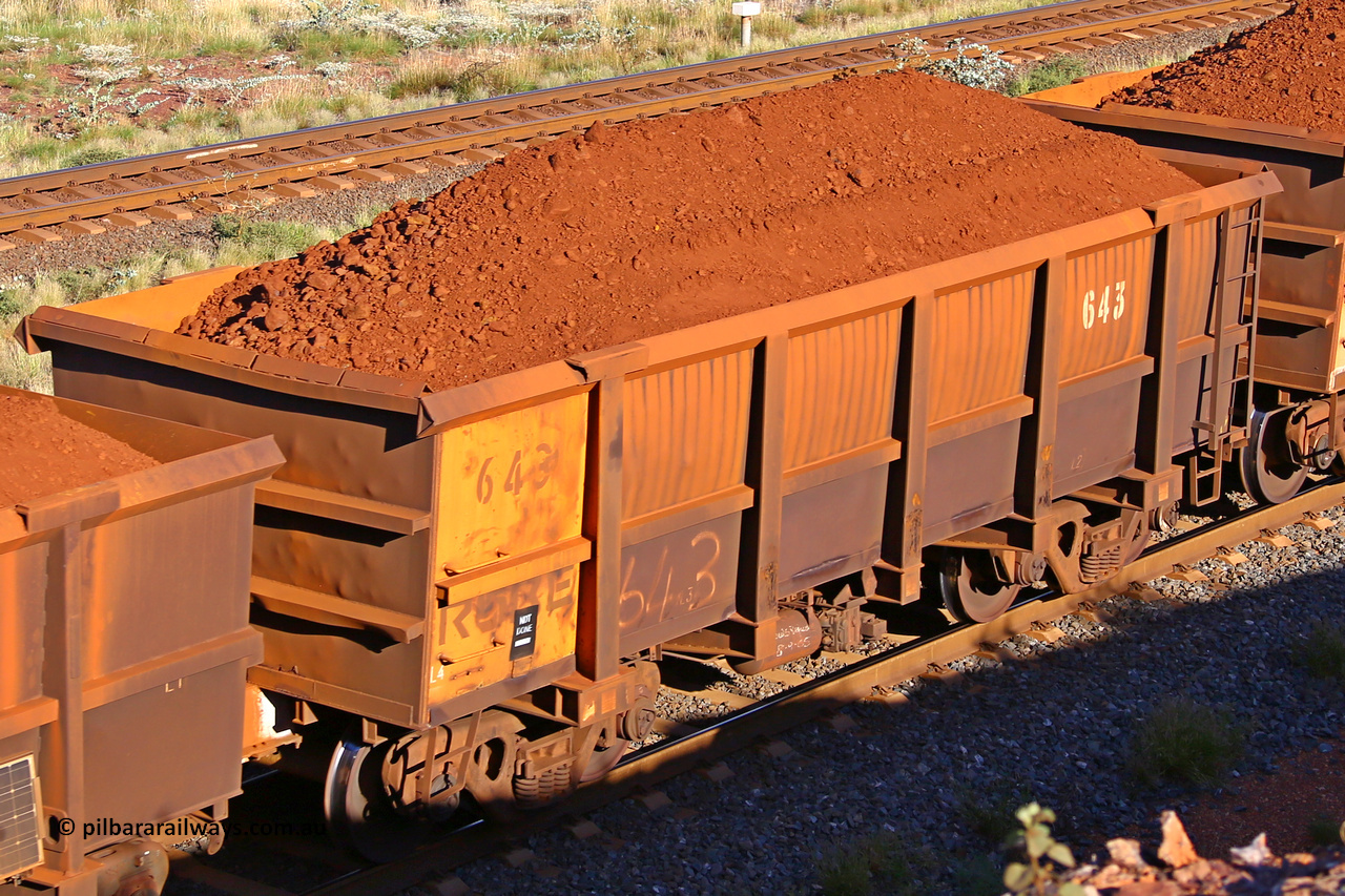 0643 210322 9712
Robe River ore waggon 643, built by Tomlinson Steel WA, rotary coupler end non-handbrake side loaded view at the 17 km on the Cape Lambert line, March 22, 2021.
Keywords: 643;Tomlinson-Steel-WA;Robe-ore-waggon;