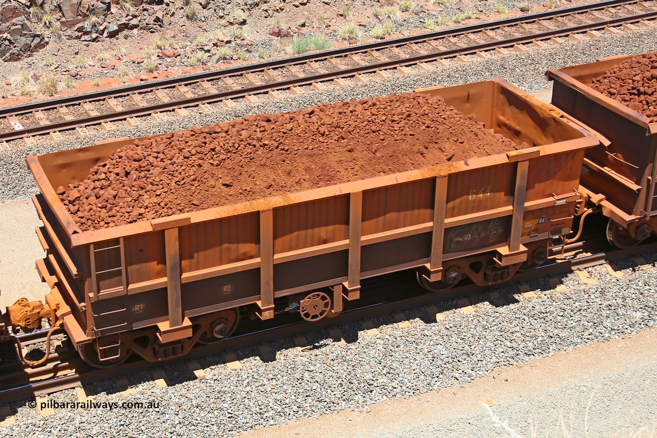 0644 160306 1488
Robe River ore waggon 644, built by Tomlinson Steel WA, fixed coupler handbrake side loaded view, at the 45 km, Harding Siding on the Cape Lambert line. March 6, 2016.
Keywords: 644;Tomlinson-Steel-WA;Robe-ore-waggon;