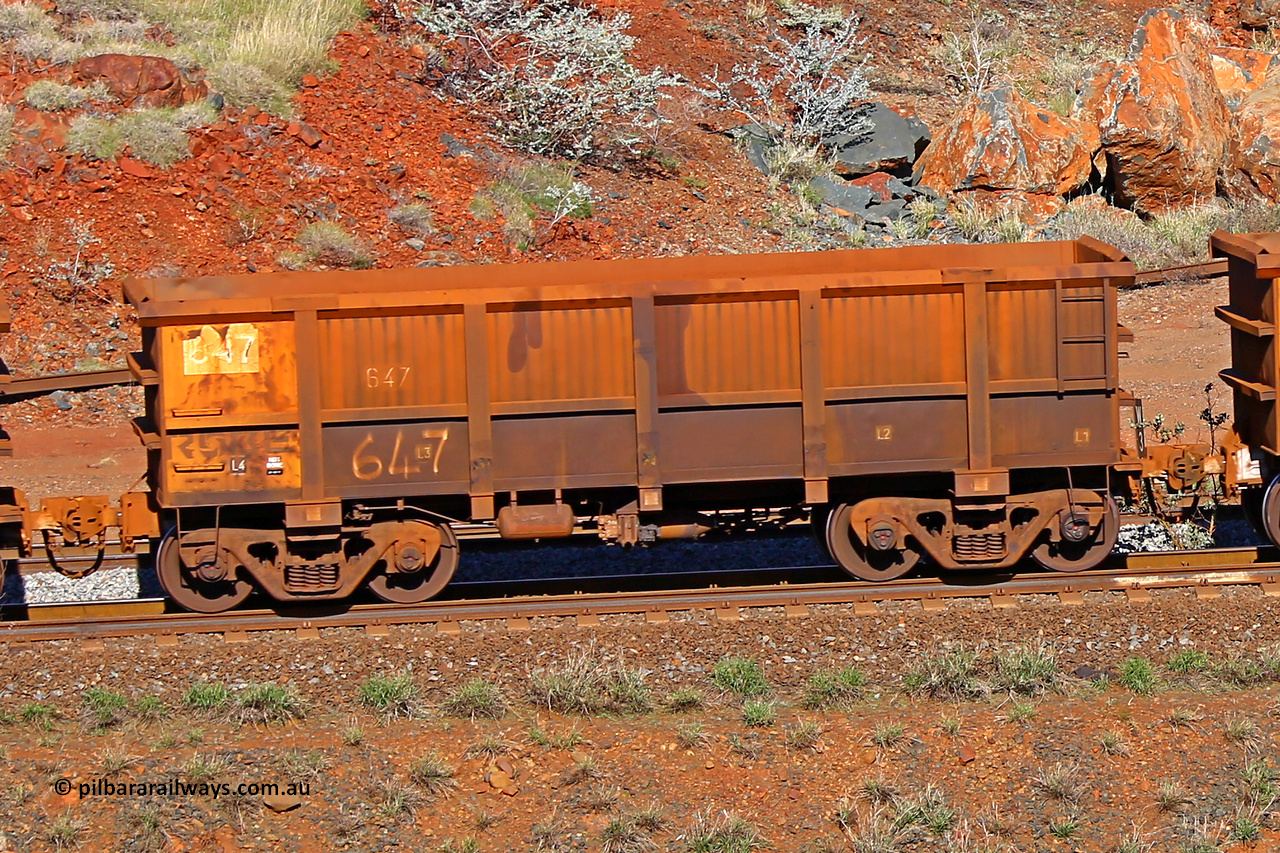 0647 180616 1725
Robe River ore waggon 647, built by Tomlinson Steel WA, rotary coupler end non-handbrake side empty view at the 38 km, Harding on the Cape Lambert line, June 16, 2018.
Keywords: 647;Tomlinson-Steel-WA;Robe-ore-waggon;