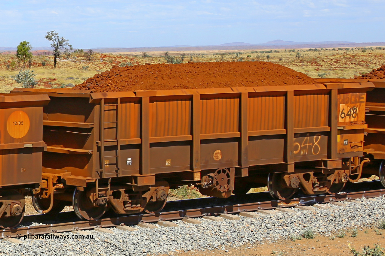 0648 170729 0271
Robe River ore waggon 648, built by Tomlinson Steel WA, fixed coupler handbrake side loaded view at the 103 km, between Maitland Siding and the Fortescue River on the Deepdale line. July 29, 2017.
Keywords: 648;Tomlinson-Steel-WA;Robe-ore-waggon;