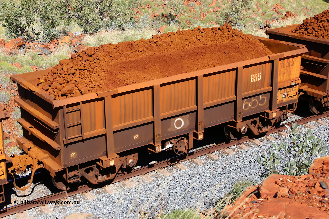 0655 180616 1872
Robe River ore waggon 655, built by Tomlinson Steel WA, fixed coupler handbrake side loaded view at Maitland Siding on the Deepdale line, June 16, 2018.
Keywords: 655;Tomlinson-Steel-WA;Robe-ore-waggon;