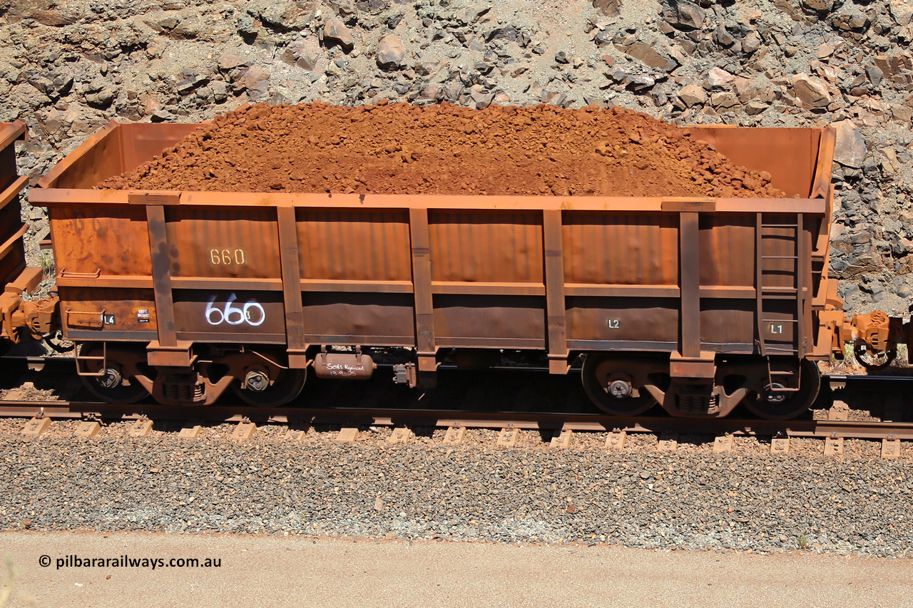 0660 160306 1528
Robe River ore waggon 660, built by Tomlinson Steel WA, fixed coupler non-handbrake side loaded view, at the 45 km, Harding Siding on the Cape Lambert line. March 6, 2016.
Keywords: 660;Tomlinson-Steel-WA;Robe-ore-waggon;