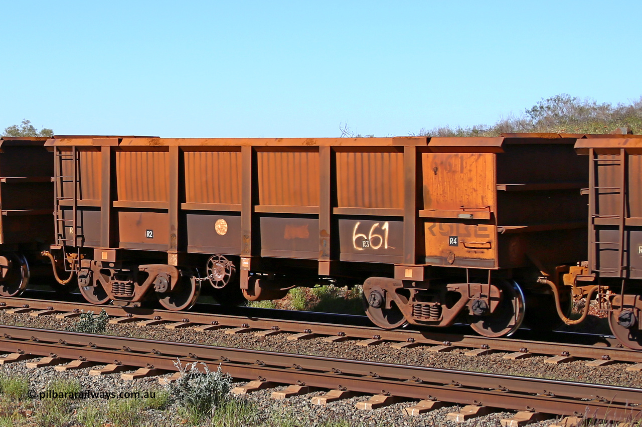 0661 160727 0970
Robe River ore waggon 661, built by Tomlinson Steel WA, rotary coupler end handbrake side empty view at Harding Siding on the Cape Lambert line, July 27, 2016.
Keywords: 661;Tomlinson-Steel-WA;Robe-ore-waggon;