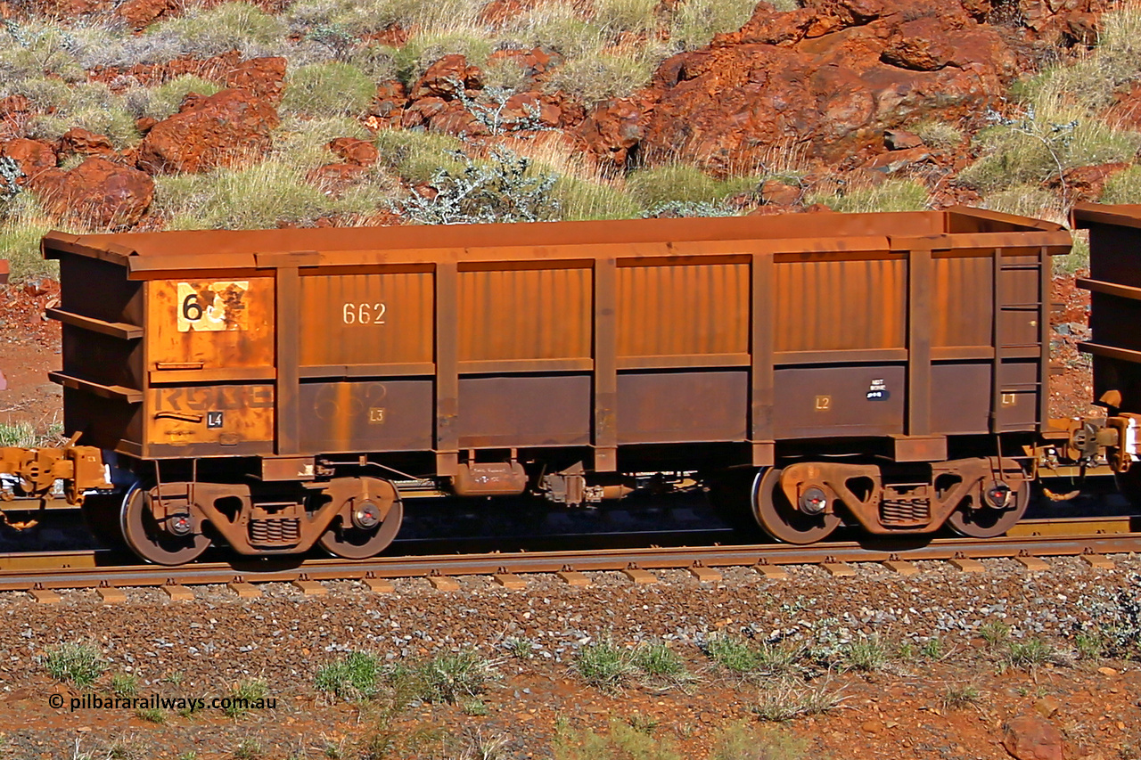 0662 180616 1695
Robe River ore waggon 662, built by Tomlinson Steel WA, rotary coupler end non-handbrake side empty view at the 38 km, Harding on the Cape Lambert line, June 16, 2018.
Keywords: 662;Tomlinson-Steel-WA;Robe-ore-waggon;