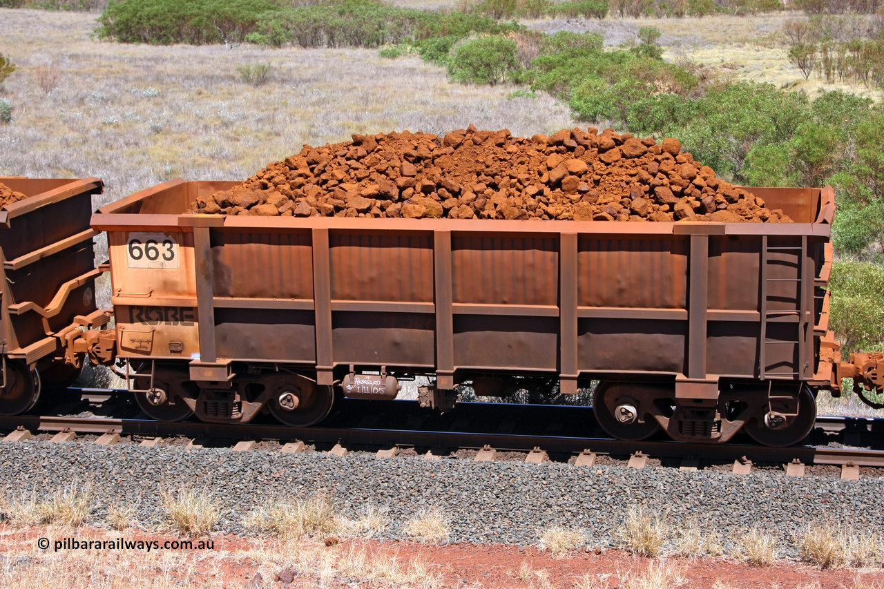 0663 081209 0123
Robe River ore waggon 663, built by Tomlinson Steel WA, fixed coupler non-handbrake side loaded view at the 7 km location just south of Cape Lambert yard. December 9, 2008.
Keywords: 663;Tomlinson-Steel-WA;Robe-ore-waggon;