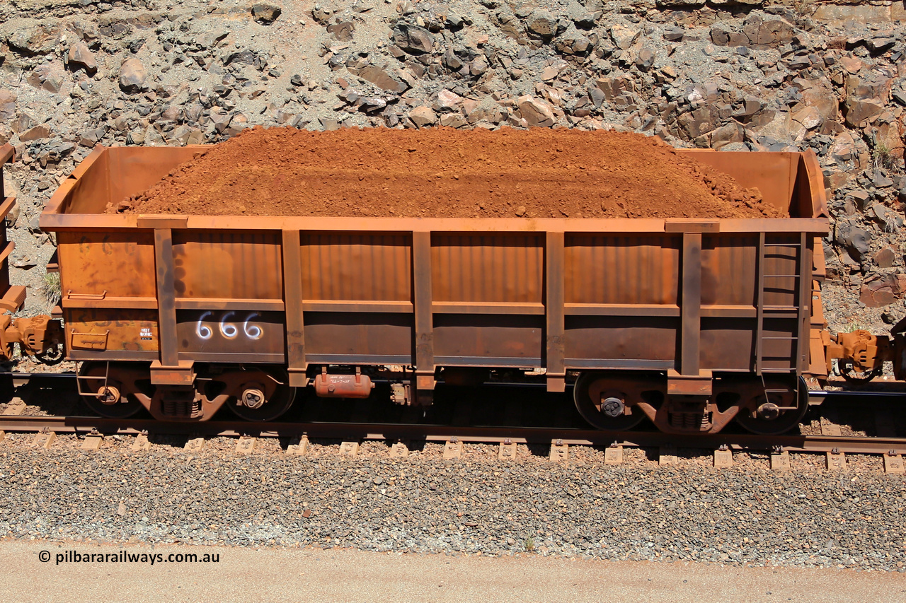 0666 160306 1552
Robe River ore waggon 666, built by Tomlinson Steel WA, fixed coupler non-handbrake side loaded view, at the 45 km, Harding Siding on the Cape Lambert line. March 6, 2016.
Keywords: 666;Tomlinson-Steel-WA;Robe-ore-waggon;