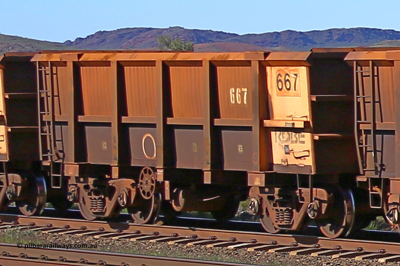 0667 160727 0964
Robe River ore waggon 667, built by Tomlinson Steel WA, rotary coupler end handbrake side empty view at Harding Siding on the Cape Lambert line, July 27, 2016.
Keywords: 667;Tomlinson-Steel-WA;Robe-ore-waggon;