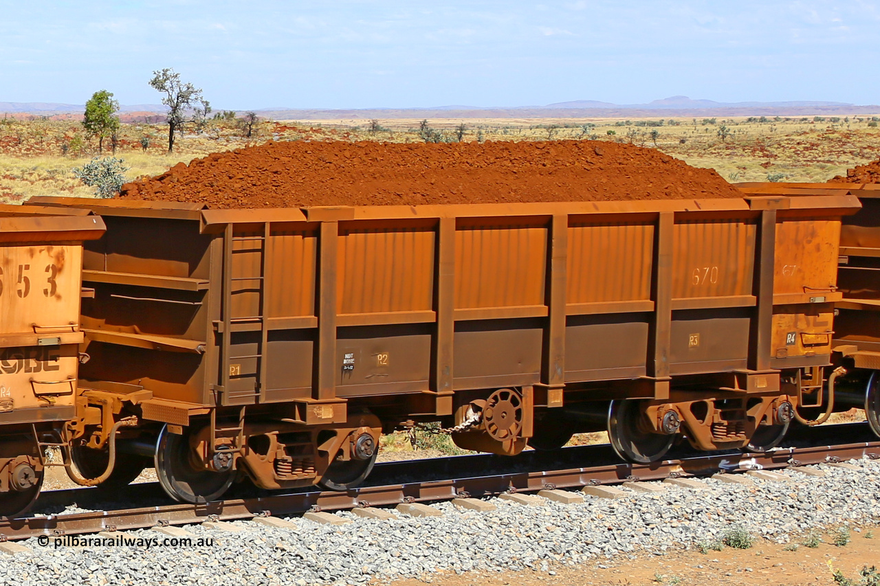 0670 170729 0246
Robe River ore waggon 670, built by Tomlinson Steel WA, fixed coupler handbrake side loaded view at the 103 km, between Maitland Siding and the Fortescue River on the Deepdale line. July 29, 2017.
Keywords: 670;Tomlinson-Steel-WA;Robe-ore-waggon;