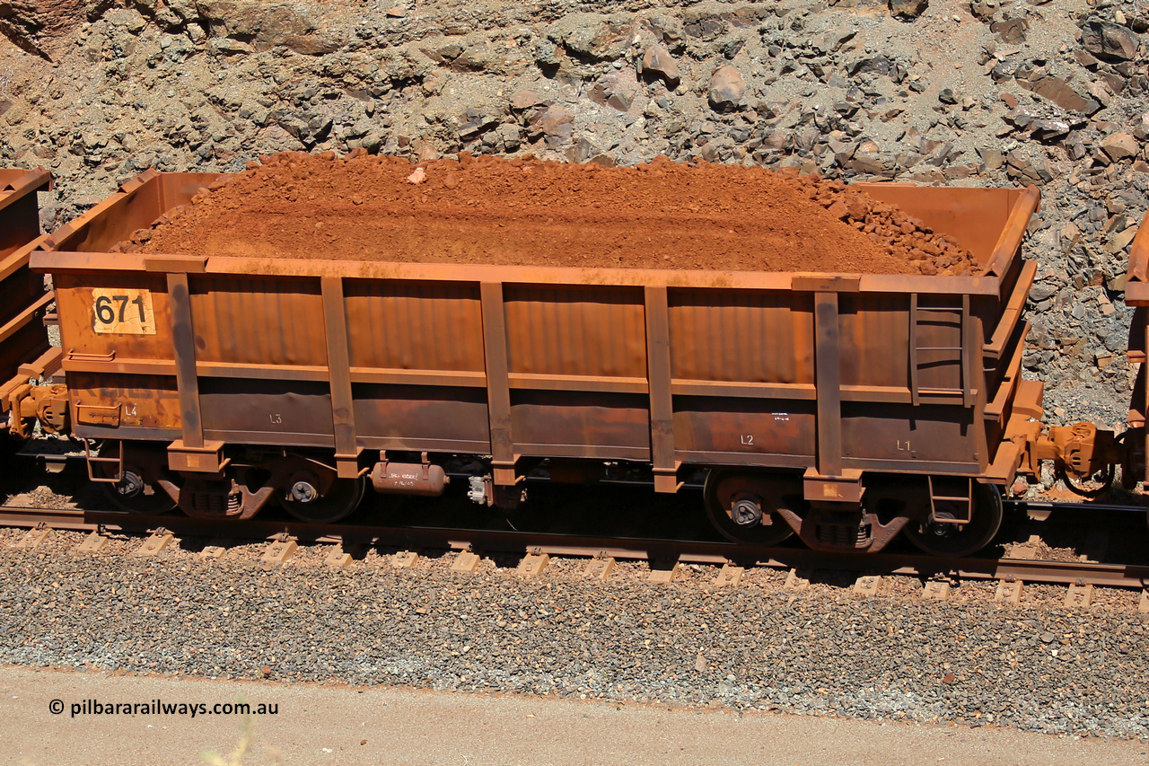 0671 160306 1628
Robe River ore waggon 671, built by Tomlinson Steel WA, fixed coupler non-handbrake side loaded view, at the 45 km, Harding Siding on the Cape Lambert line. March 6, 2016.
Keywords: 671;Tomlinson-Steel-WA;Robe-ore-waggon;