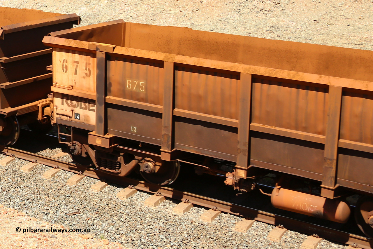 0675 160306 1317
Robe River ore waggon 675, built by Tomlinson Steel WA, rotary coupler end panel and plate empty partial view, shows Centurion Industries style waybill holder, at Greenpool on the Cape Lambert line. March 6, 2016.
Keywords: 675;Tomlinson-Steel-WA;Robe-ore-waggon;