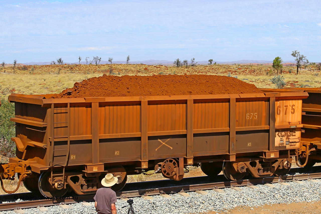 0675 170729 0272
Robe River ore waggon 675, built by Tomlinson Steel WA, fixed coupler handbrake side loaded view with the drop rib, at the 103 km, between Maitland Siding and the Fortescue River on the Deepdale line. July 29, 2017.
Keywords: 675;Tomlinson-Steel-WA;Robe-ore-waggon;