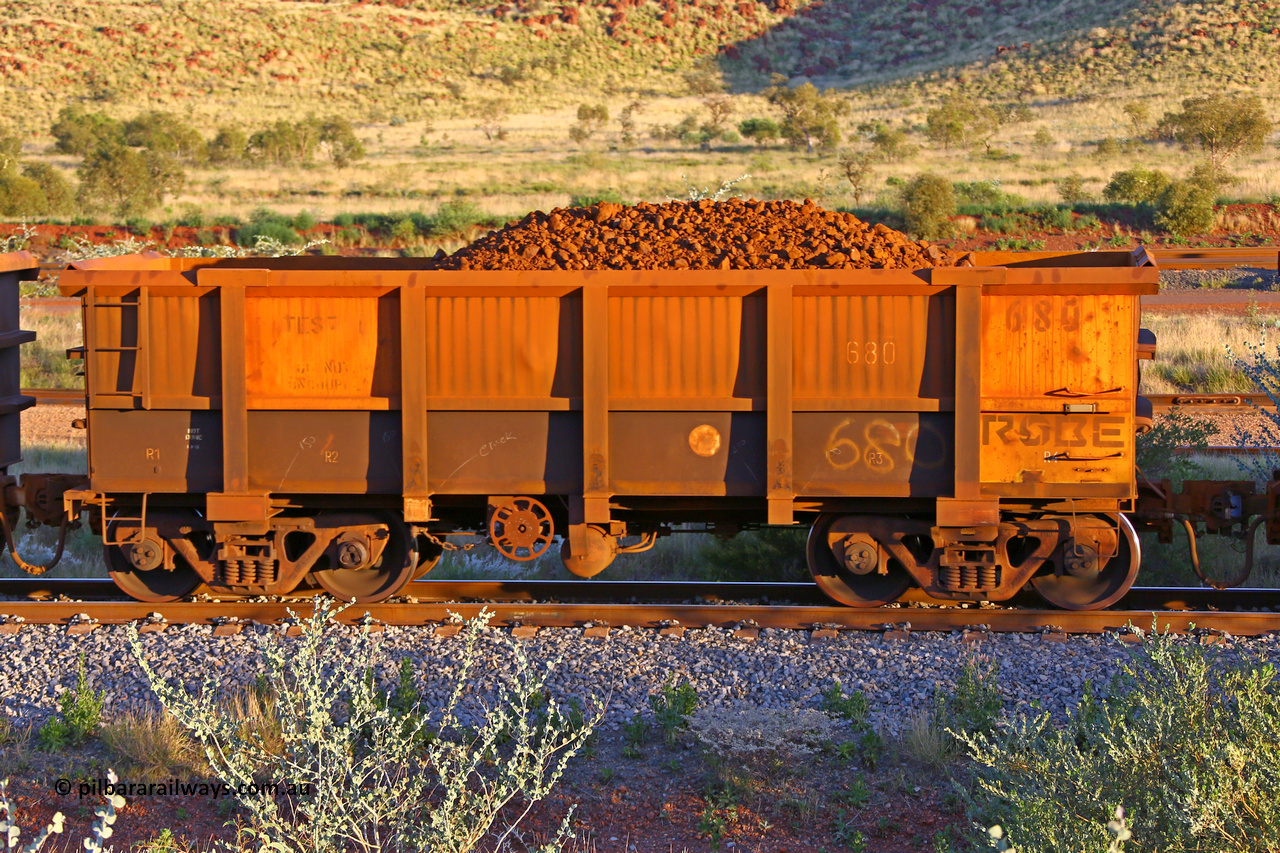 0680 170513 8748
Robe River ore waggon 680, built by Tomlinson Steel WA, handbrake side loaded view, stencil sats TEST CAR DO NOT UNCOUPLE, Cape Lambert yard, May 13, 2017.
Keywords: 680;Tomlinson-Steel-WA;Robe-ore-waggon;