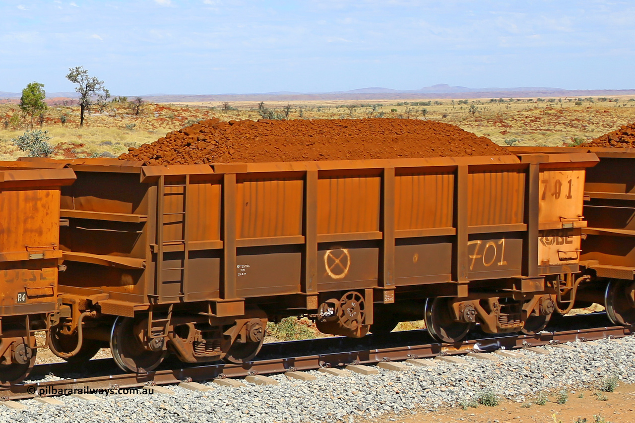 0701 170729 0259
Robe River ore waggon 701, built by Tomlinson Steel WA, fixed coupler handbrake side loaded view at the 103 km, between Maitland Siding and the Fortescue River on the Deepdale line. July 29, 2017.
Keywords: 701;Tomlinson-Steel-WA;Robe-ore-waggon;