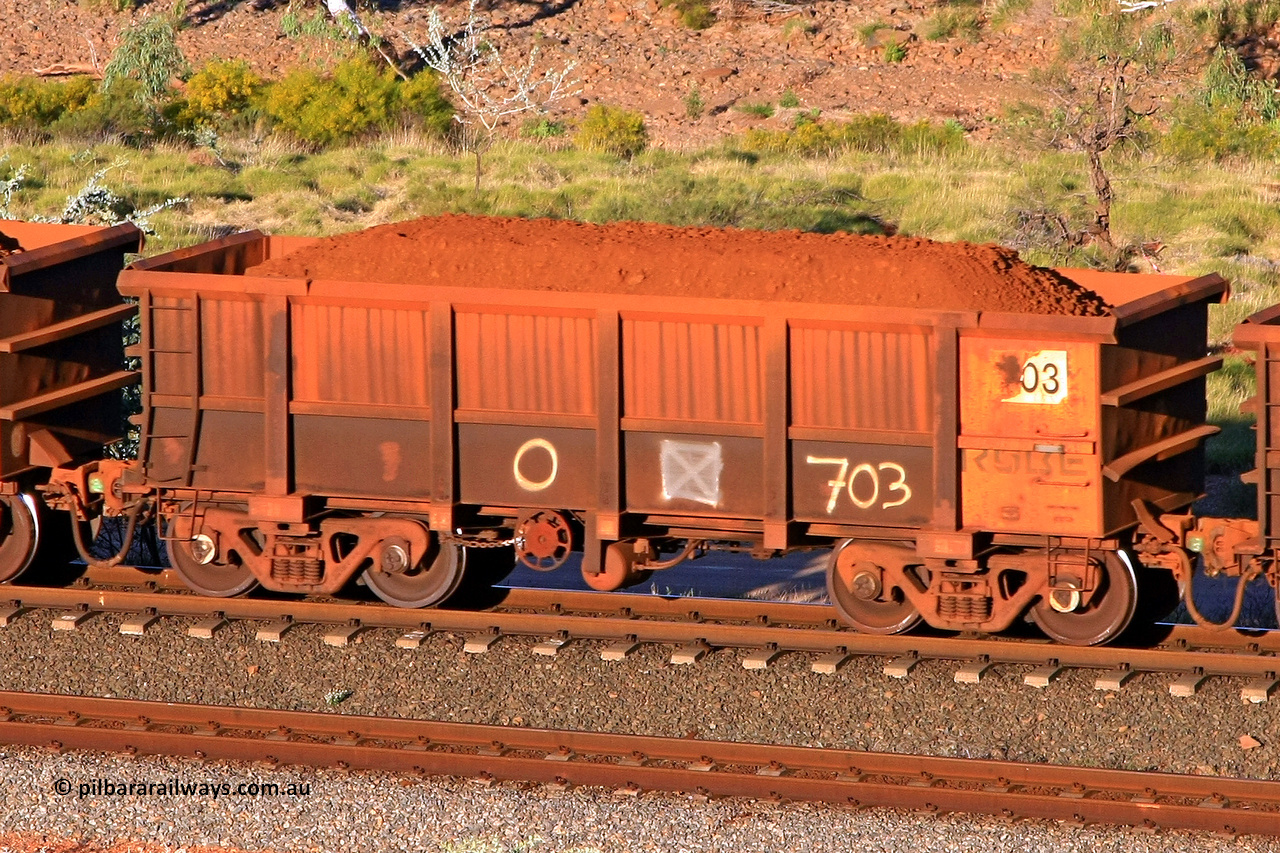 0703 110602 1686
Robe River ore waggon 703, built by Tomlinson Steel WA, rotary coupler end handbrake side loaded view at the 71 km, Western Creek on the Deepdale line. June 2, 2011.
Keywords: 703;Tomlinson-Steel-WA;Robe-ore-waggon;