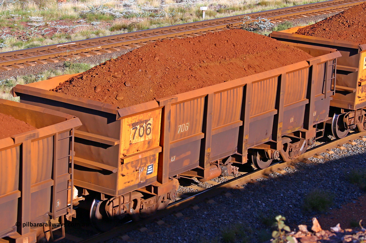 0706 210322 9756
Robe River ore waggon 706, built by Tomlinson Steel WA, rotary coupler end non-handbrake side loaded view at the 17 km on the Cape Lambert line, March 22, 2021.
Keywords: 706;Tomlinson-Steel-WA;Robe-ore-waggon;