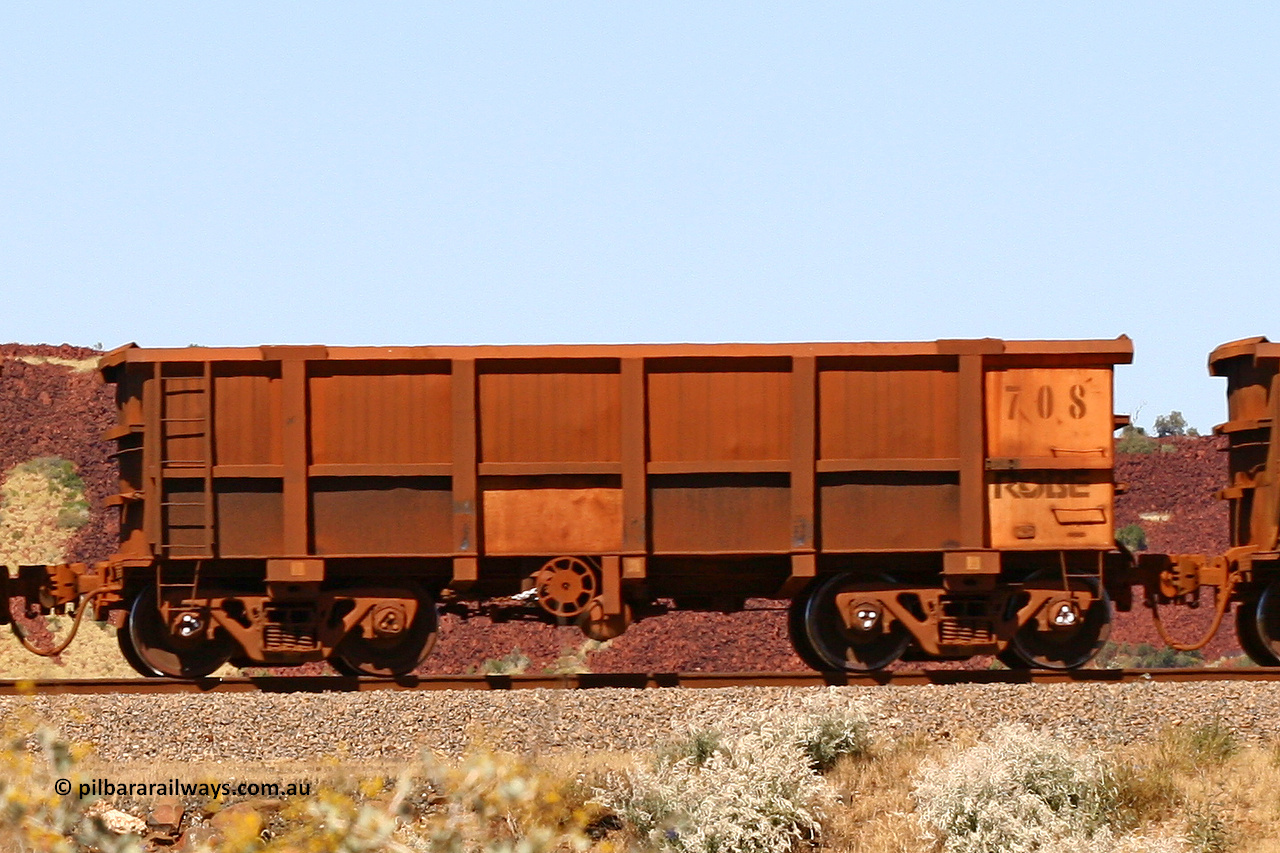0708 060722 7448
Robe River ore waggon 708, built by Tomlinson Steel WA, handbrake side empty view at the 45.4 km just south of Harding Siding on the Cape Lambert line. July 22, 2006.
Keywords: 708;Tomlinson-Steel-WA;Robe-ore-waggon;