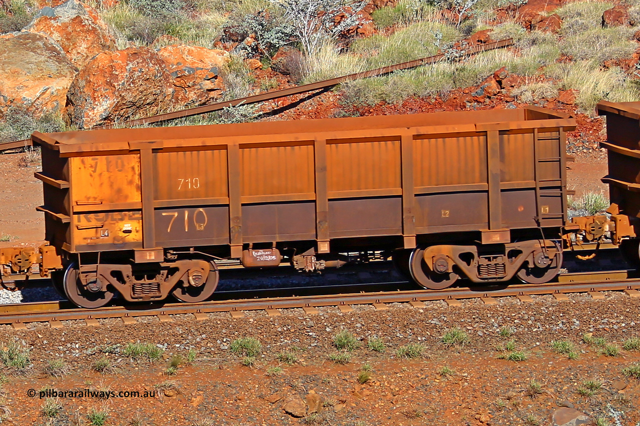 0710 180616 1719
Robe River ore waggon 710, built by Tomlinson Steel WA, rotary coupler end non-handbrake side empty view at the 38 km, Harding on the Cape Lambert line, June 16, 2018.
Keywords: 710;Tomlinson-Steel-WA;Robe-ore-waggon;