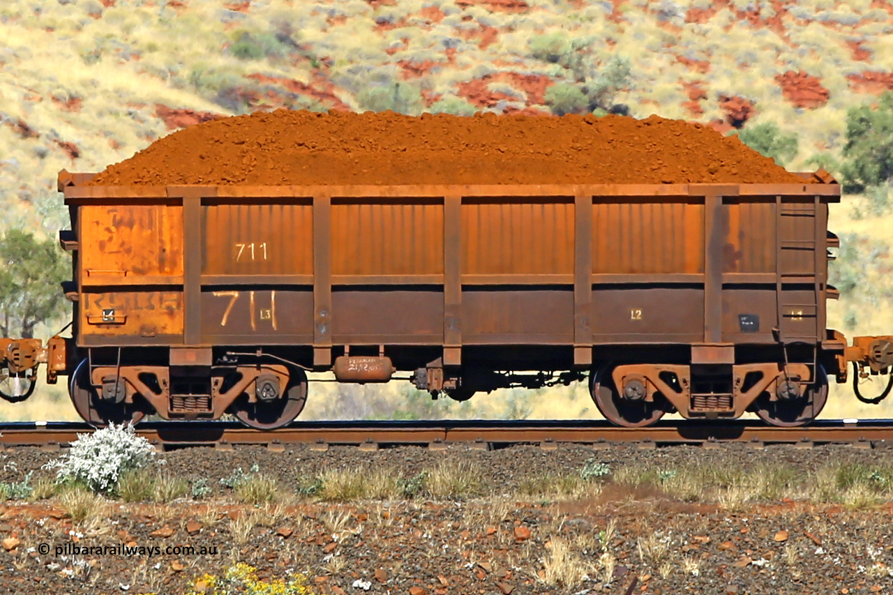 0711 170728 09921
Robe River ore waggon 711, built by Tomlinson Steel WA, non-handbrake side loaded view at the 72 km, Western Creek on the Deepdale line. July 28, 2017.
Keywords: 711;Tomlinson-Steel-WA;Robe-ore-waggon;