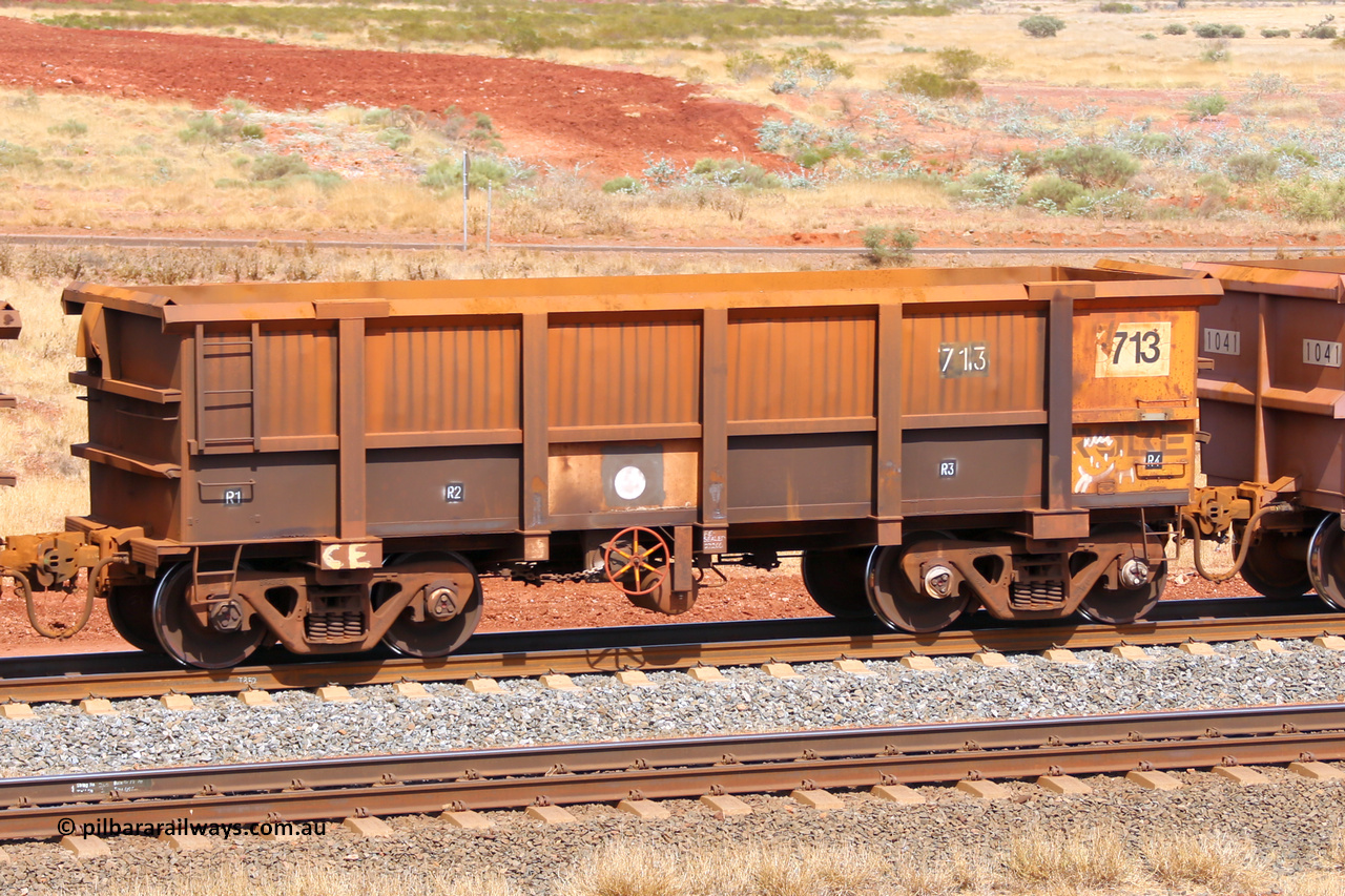0713 141124 6842
Robe River ore waggon 713, built by Tomlinson Steel WA, fixed coupler handbrake side empty view at the 25 km at Arches Siding on the Cape Lambert line. November 24, 2014.
Keywords: 713;Tomlinson-Steel-WA;Robe-ore-waggon;