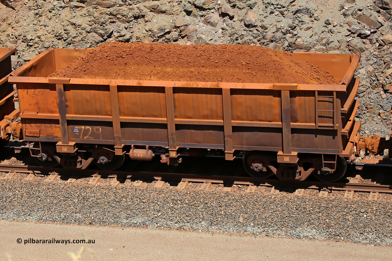 0729 160306 1650
Robe River ore waggon 729, built by Tomlinson Steel WA, fixed coupler non-handbrake side loaded view, at the 45 km, Harding Siding on the Cape Lambert line. March 6, 2016.
Keywords: 729;Tomlinson-Steel-WA;Robe-ore-waggon;