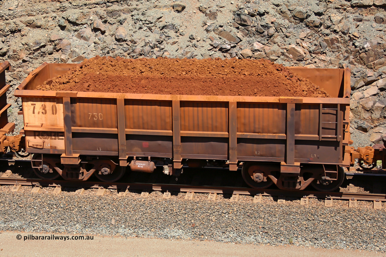 0730 160306 1583
Robe River ore waggon 730, built by Tomlinson Steel WA, fixed coupler non-handbrake side loaded view, at the 45 km, Harding Siding on the Cape Lambert line. March 6, 2016.
Keywords: 730;Tomlinson-Steel-WA;Robe-ore-waggon;