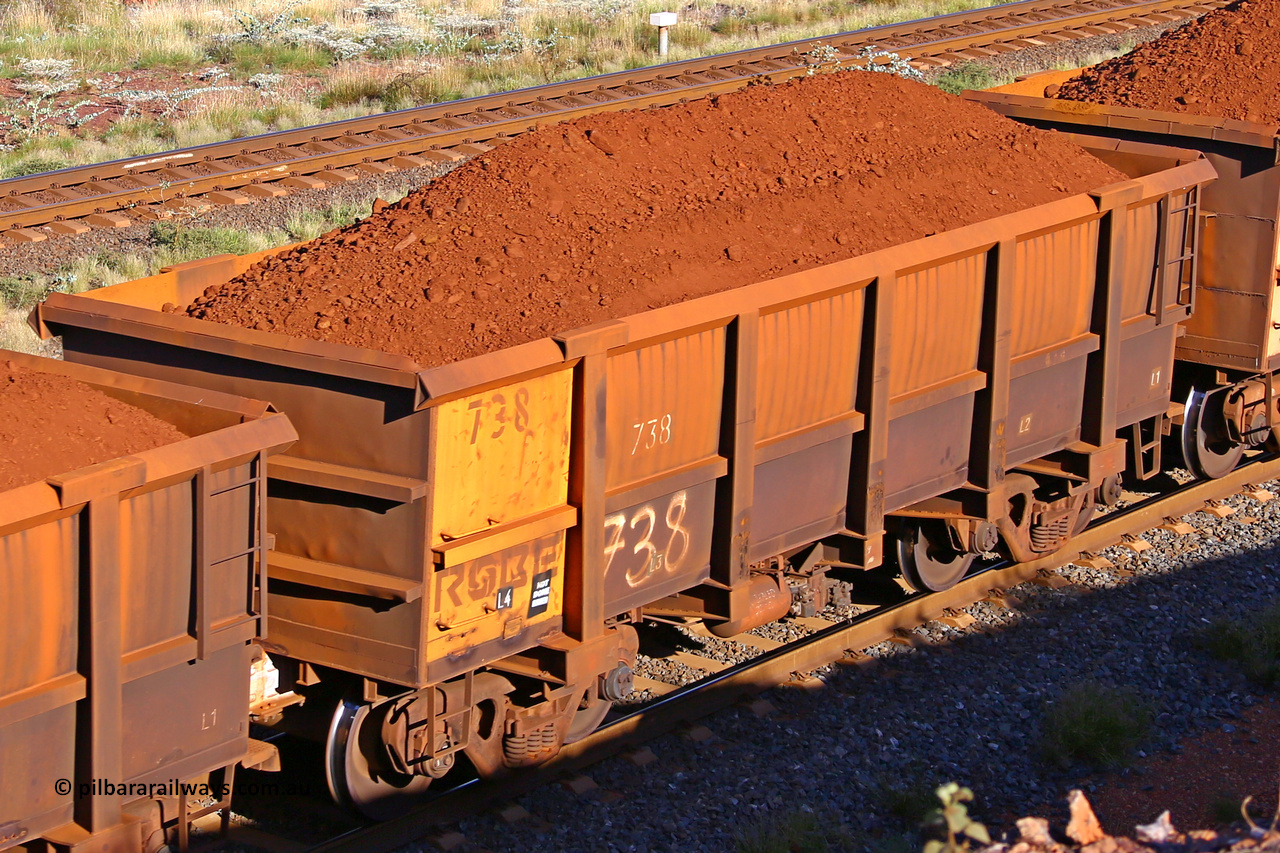 0738 210322 9717
Robe River ore waggon 738, built by Tomlinson Steel WA, rotary coupler end non-handbrake side loaded view at the 17 km on the Cape Lambert line, March 22, 2021.
Keywords: 738;Tomlinson-Steel-WA;Robe-ore-waggon;