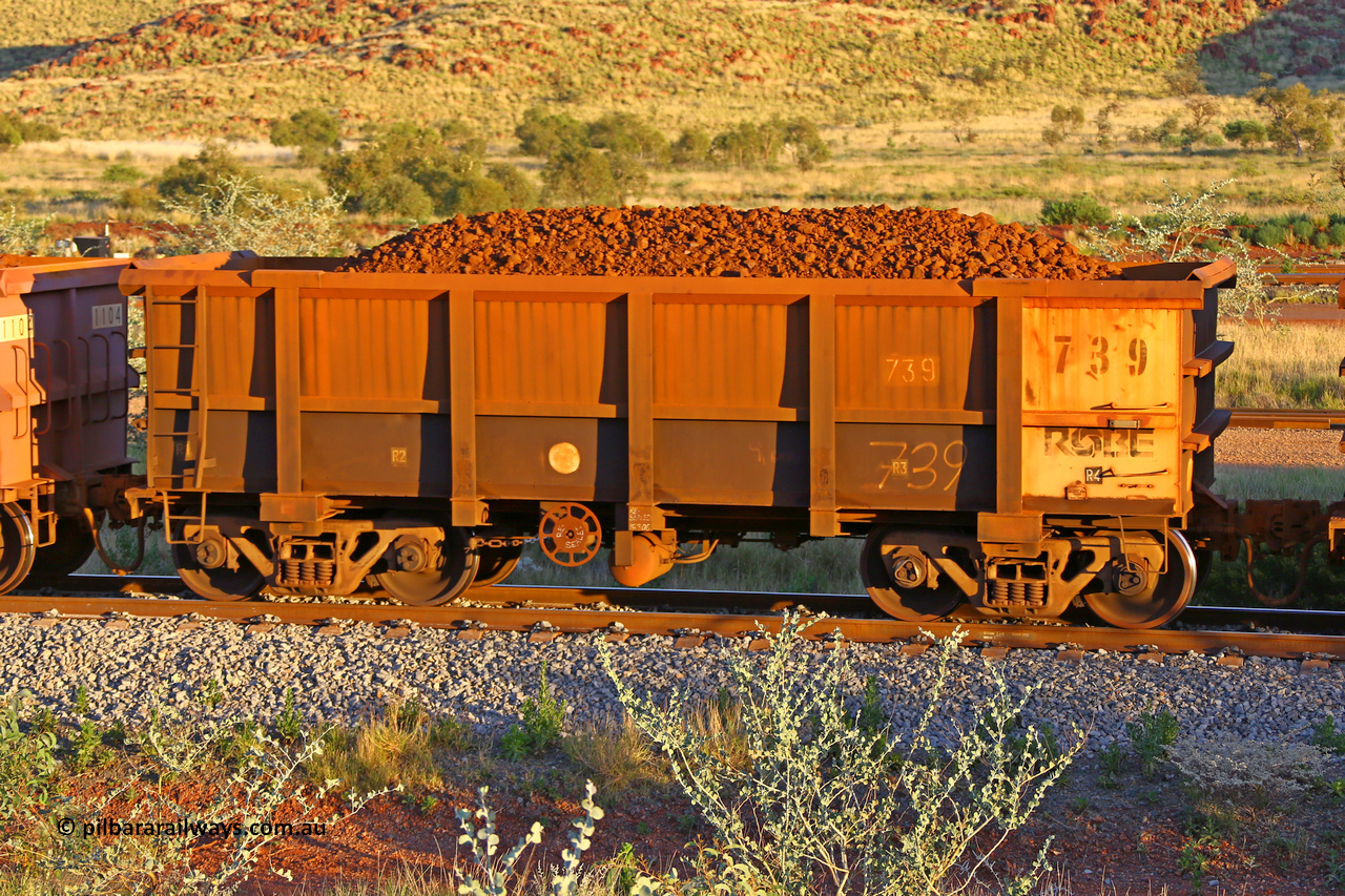 0739 170513 8676
Robe River ore waggon 739, built by Tomlinson Steel WA, rotary coupler end handbrake side loaded view, Cape Lambert yard, May 13, 2017.
Keywords: 739;Tomlinson-Steel-WA;Robe-ore-waggon;